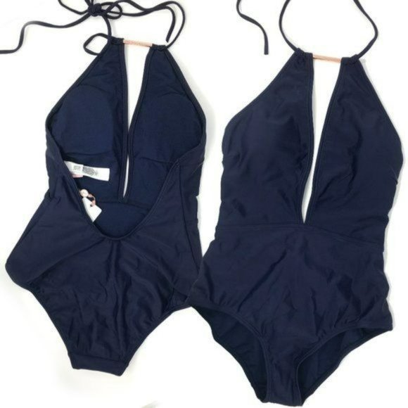 TED BAKER Pikaa Plunging Halter Swimsuit Navy Blue NEW w/Tags Size 6 - Picture 3 of 7